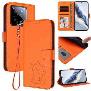 For Realme GT 7 Pro 5G / GT7 Pro Racing Embossed Heart Cat Leather Phone Case with Hand Strap(Orange)