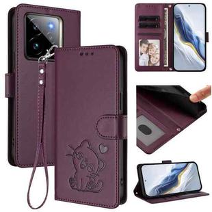 For Realme GT 7 Pro 5G / GT7 Pro Racing Embossed Heart Cat Leather Phone Case with Hand Strap(Dark Purple)