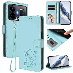 For Realme GT3 5G / GT Neo 5 240W Embossed Heart Cat Leather Phone Case with Hand Strap(Mint Green)