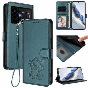 For Realme GT5 240W / GT5 5G Embossed Heart Cat Leather Phone Case with Hand Strap(Dark Green)