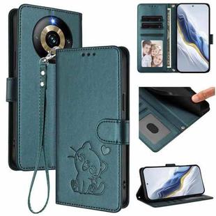 For Realme Narzo 60 Pro Embossed Heart Cat Leather Phone Case with Hand Strap(Dark Green)