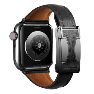 For Apple Watch 46mm / 49mm / 45mm / 44mm Magnetic Buckle Small Waist Plain Genuine Leather Watch Band(Black)