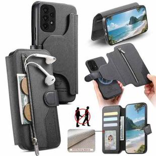 For Samsung Galaxy A13 4G Twill Fabric MagSafe RFID Anti-theft Zipper Wallet Leather Phone Case(Black)