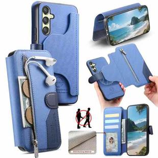 For Samsung Galaxy A15 4G / 5G Twill Fabric MagSafe RFID Anti-theft Zipper Wallet Leather Phone Case(Dark Blue)