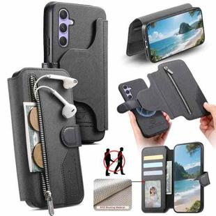 For Samsung Galaxy A34 5G Twill Fabric MagSafe RFID Anti-theft Zipper Wallet Leather Phone Case(Black)