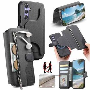 For Samsung Galaxy A54 5G Twill Fabric MagSafe RFID Anti-theft Zipper Wallet Leather Phone Case(Black)