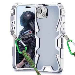 For iPhone 15 Plus Trigger Design Hollow Metal Frame Phone Case with Lanyard(Silver)