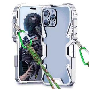 For iPhone 14 Pro Max Trigger Design Hollow Metal Frame Phone Case with Lanyard(Silver)