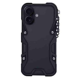 For iPhone 16 Plus Trigger Design Hollow Metal Frame Phone Case with Lanyard(Black)