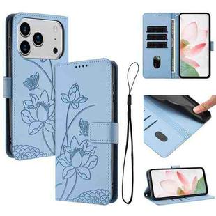 For iPhone 17 Pro Lotus Embossed Leather Phone Case with Lanyard(Blue)