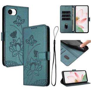 For iPhone 16e Lotus Embossed Leather Phone Case with Lanyard(Dark Green)