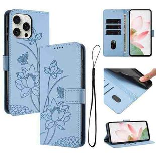 For iPhone 15 Pro Max Lotus Embossed Leather Phone Case with Lanyard(Blue)