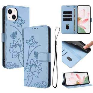 For iPhone 15 Plus / 14 Plus Lotus Embossed Leather Phone Case with Lanyard(Blue)