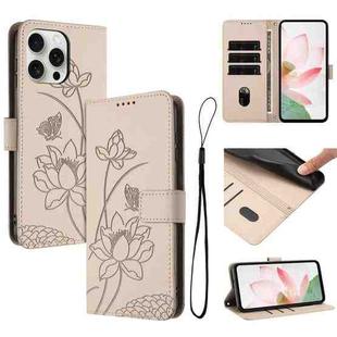 For iPhone 13 Pro Lotus Embossed Leather Phone Case with Lanyard(Beige)