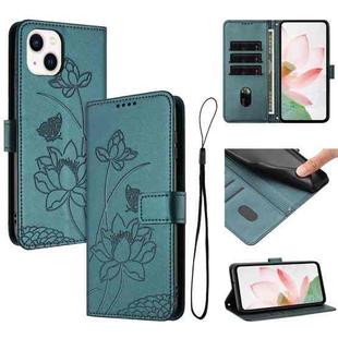 For iPhone 13 mini / 12 mini Lotus Embossed Leather Phone Case with Lanyard(Dark Green)
