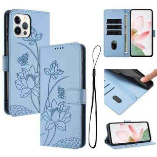 For iPhone 12 Pro Max Lotus Embossed Leather Phone Case with Lanyard(Blue)