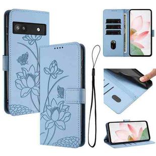 For Google Pixel 6a Lotus Embossed Leather Phone Case with Lanyard(Blue)