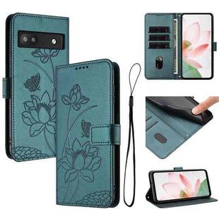 For Google Pixel 6a Lotus Embossed Leather Phone Case with Lanyard(Dark Green)