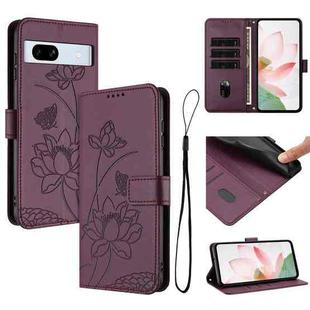 For Google Pixel 7a Lotus Embossed Leather Phone Case with Lanyard(Wine Red)