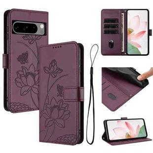 For Google Pixel 8 Pro Lotus Embossed Leather Phone Case with Lanyard(Wine Red)