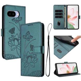 For Google Pixel 9a Lotus Embossed Leather Phone Case with Lanyard(Dark Green)