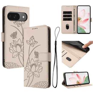 For Google Pixel 10 / 10 Pro / 9 / 9 Pro Lotus Embossed Leather Phone Case with Lanyard(Beige)