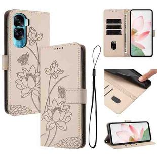 For Honor 90 Lite / X50i Lotus Embossed Leather Phone Case with Lanyard(Beige)