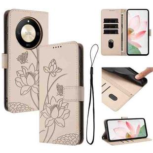 For Honor X50 / X9b Lotus Embossed Leather Phone Case with Lanyard(Beige)