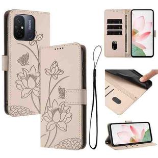 For Redmi 11A / Poco C55 Lotus Embossed Leather Phone Case with Lanyard(Beige)