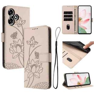 For Infinix Hot 30 4G Lotus Embossed Leather Phone Case with Lanyard(Beige)