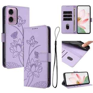 For Motorola Moto G04 / G24 / G04s / E14 Lotus Embossed Leather Phone Case with Lanyard(Purple)