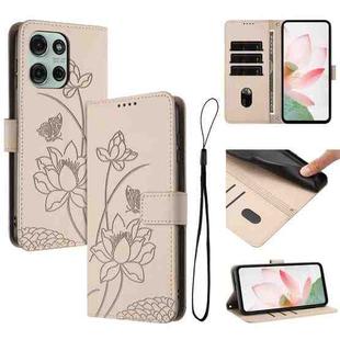 For Motorola Moto G75 5G Lotus Embossed Leather Phone Case with Lanyard(Beige)