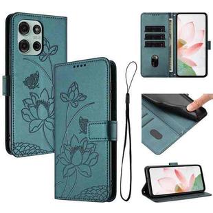 For Motorola Moto G75 5G Lotus Embossed Leather Phone Case with Lanyard(Dark Green)