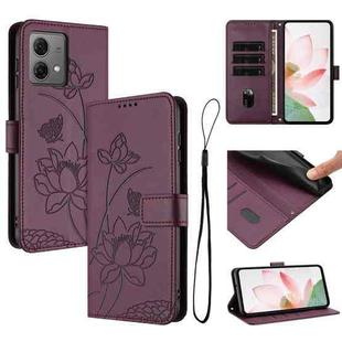 For Motorola Moto G84 Lotus Embossed Leather Phone Case with Lanyard(Wine Red)