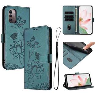 For Nokia G11 / G21 Lotus Embossed Leather Phone Case with Lanyard(Dark Green)