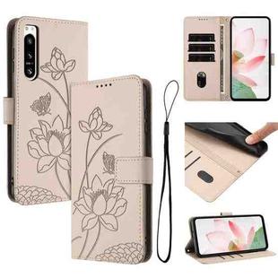 For Sony Xperia 5 IV Lotus Embossed Leather Phone Case with Lanyard(Beige)