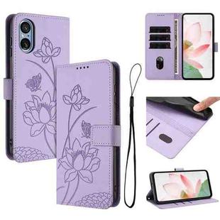 For Sony Xperia 5 V Lotus Embossed Leather Phone Case with Lanyard(Purple)