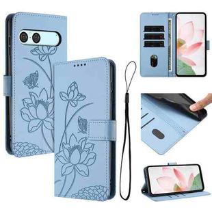 For Sony Xperia 10 VII Lotus Embossed Leather Phone Case with Lanyard(Blue)