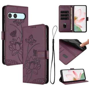 For Sony Xperia 10 VII Lotus Embossed Leather Phone Case with Lanyard(Wine Red)
