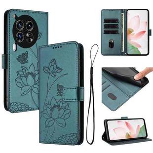 For Tecno Camon 30 4G / 5G Lotus Embossed Leather Phone Case with Lanyard(Dark Green)