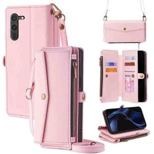 For Fujitsu Arrows Alpha F-51F Zipper Wallet Side Buckle Crossbody Lanyard Leather Phone Case(Rose Gold)