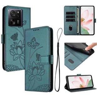 For Xiaomi 13T / 13T Pro Lotus Embossed Leather Phone Case with Lanyard(Dark Green)