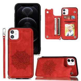 For iPhone 12 / 12 Pro Mandala Embossed PU + TPU Case with Holder & Card Slots & Photo Frame & Hand Strap(Red)