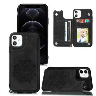 For iPhone 12 / 12 Pro Mandala Embossed PU + TPU Case with Holder & Card Slots & Photo Frame & Hand Strap(Black)