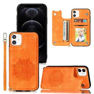For iPhone 12 / 12 Pro Mandala Embossed PU + TPU Case with Holder & Card Slots & Photo Frame & Hand Strap(Yellow)