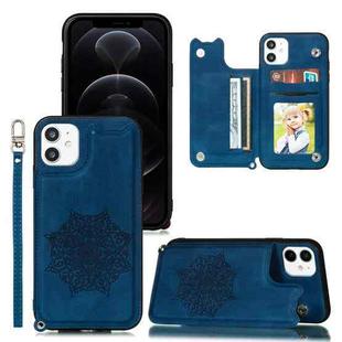 For iPhone 12 / 12 Pro Mandala Embossed PU + TPU Case with Holder & Card Slots & Photo Frame & Hand Strap(Blue)