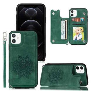For iPhone 12 / 12 Pro Mandala Embossed PU + TPU Case with Holder & Card Slots & Photo Frame & Hand Strap(Green)
