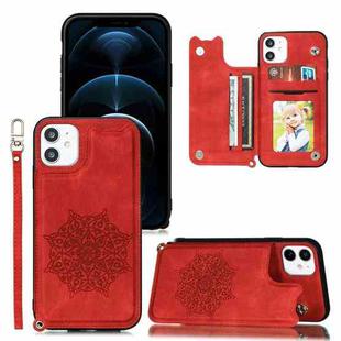 For iPhone 12 Pro Max Mandala Embossed PU + TPU Case with Holder & Card Slots & Photo Frame & Hand Strap(Red)