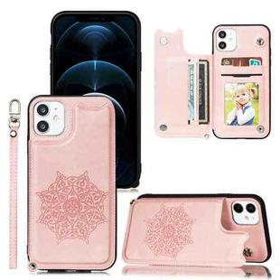 For iPhone 12 Pro Max Mandala Embossed PU + TPU Case with Holder & Card Slots & Photo Frame & Hand Strap(Rose Gold)