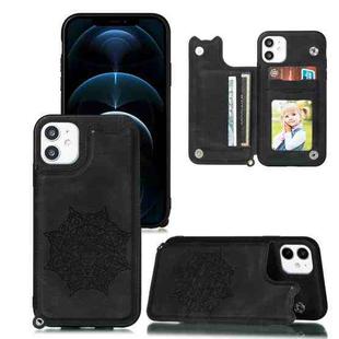 For iPhone 12 Pro Max Mandala Embossed PU + TPU Case with Holder & Card Slots & Photo Frame & Hand Strap(Black)